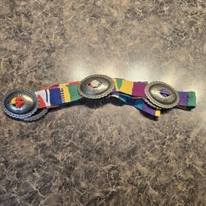 Vintage 1983 Trinity Boho Bright Multicolored Sash Hand Woven Conch Belt 54.5"